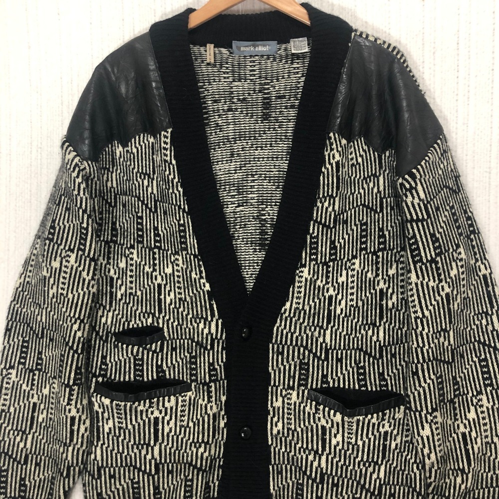Mark Elliot Geometric Knit‎ Cardigan Genuine Leather Trim Pockets Elbow Patches